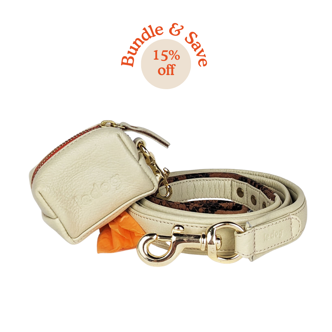 the best dog leash and poop bag bundle in bone and python detail leather