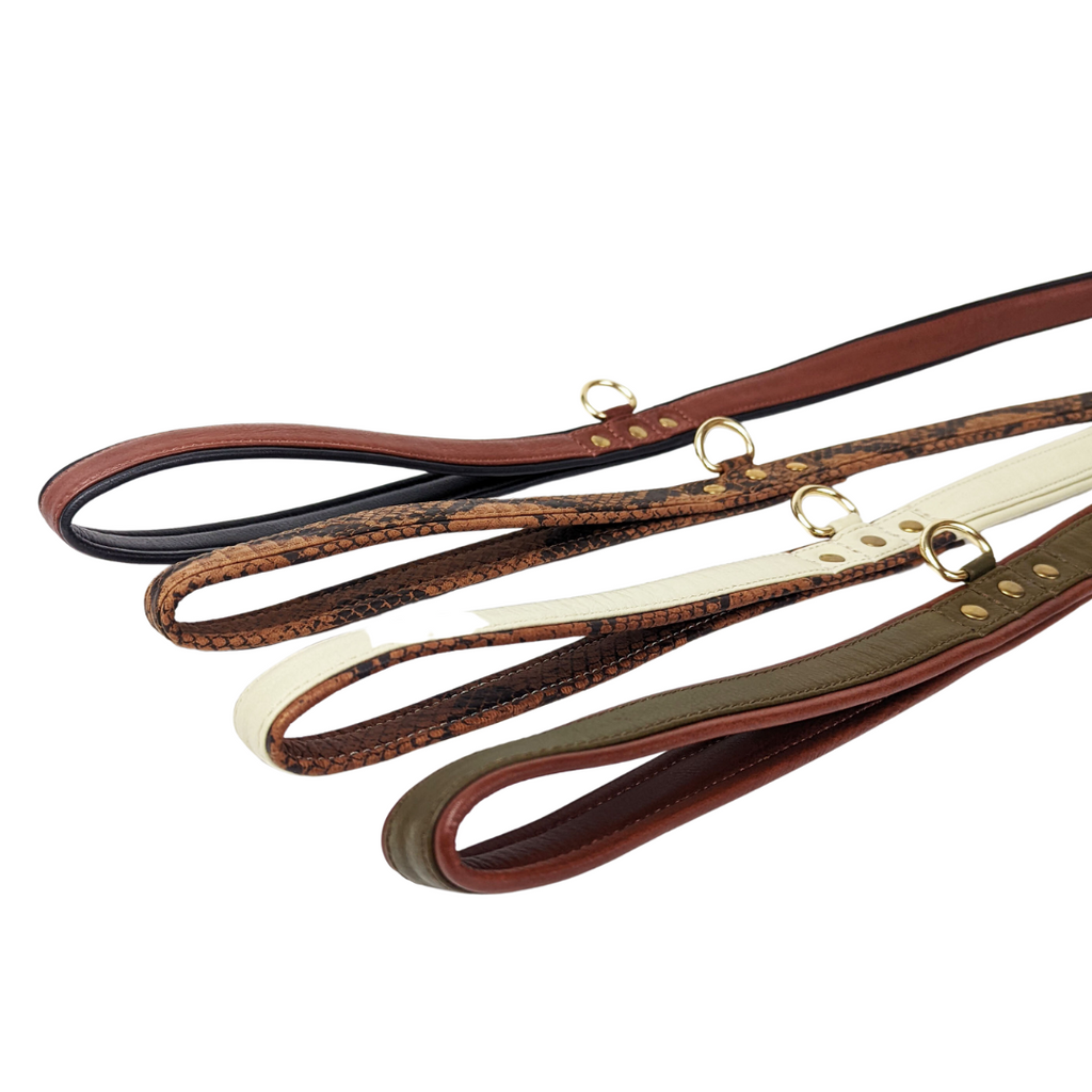 Leather leash handle detail in four colours