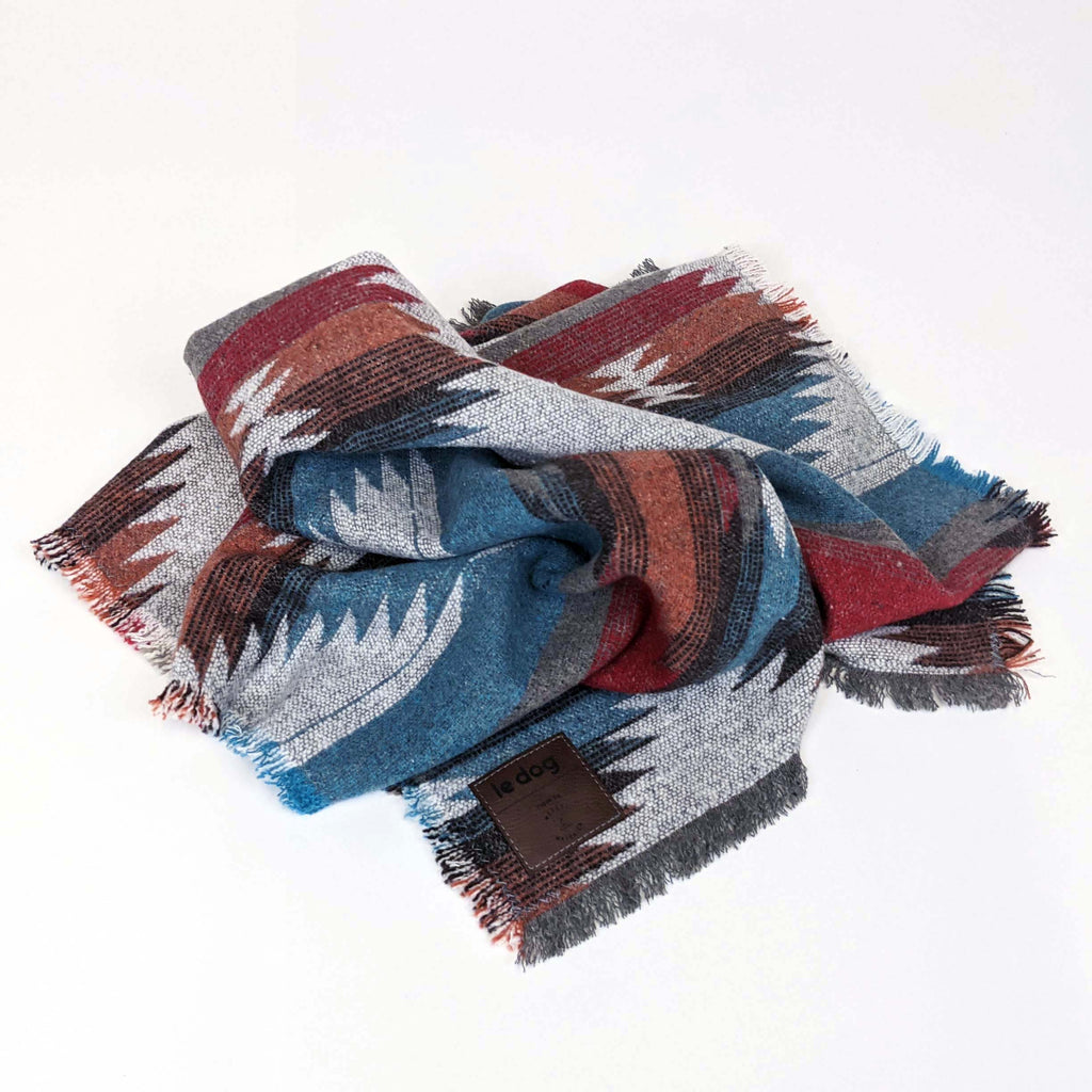 Red and blue dog blanket handmade in Canada