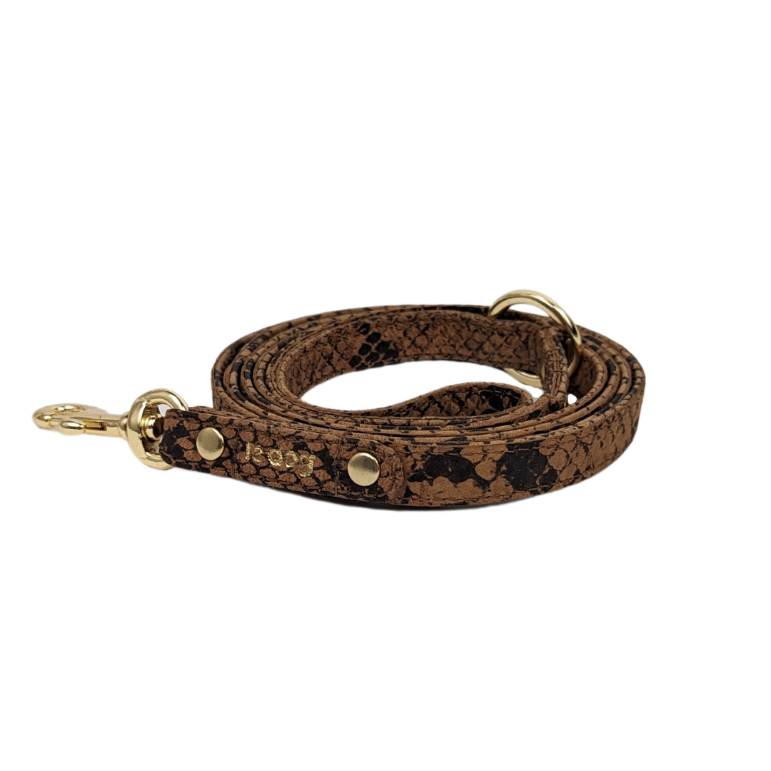 Python print skinny leather leash by Le Dog Company for small to medium sized dogs.