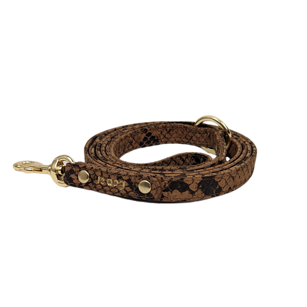 Python print skinny leather leash by Le Dog Company for small to medium sized dogs.