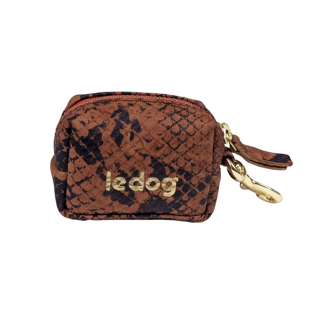 Leather poop bag holder in python print from Le Dog Company