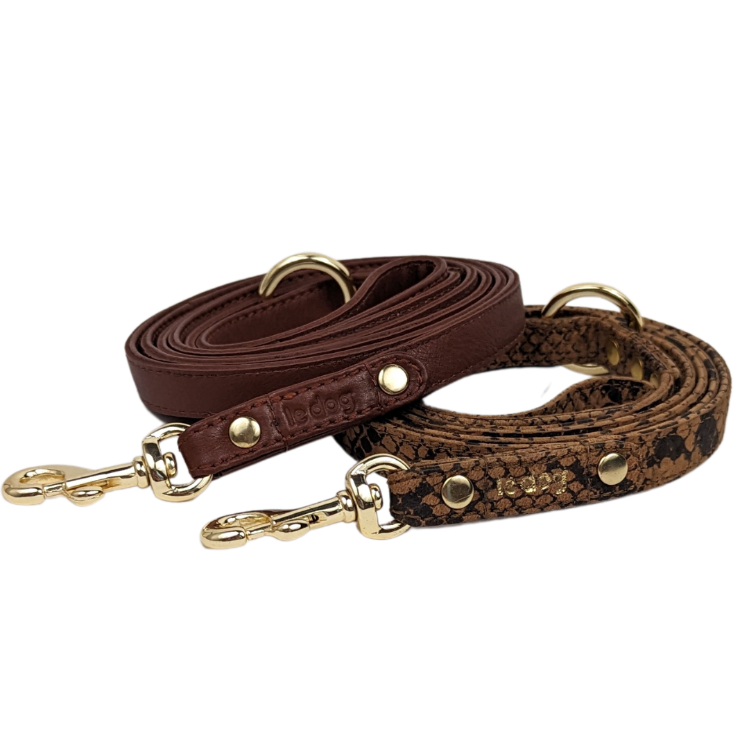 Skinny Leather Leash with all brass hardware by Le Dog Company. The perfect leash for small to medium size dogs.