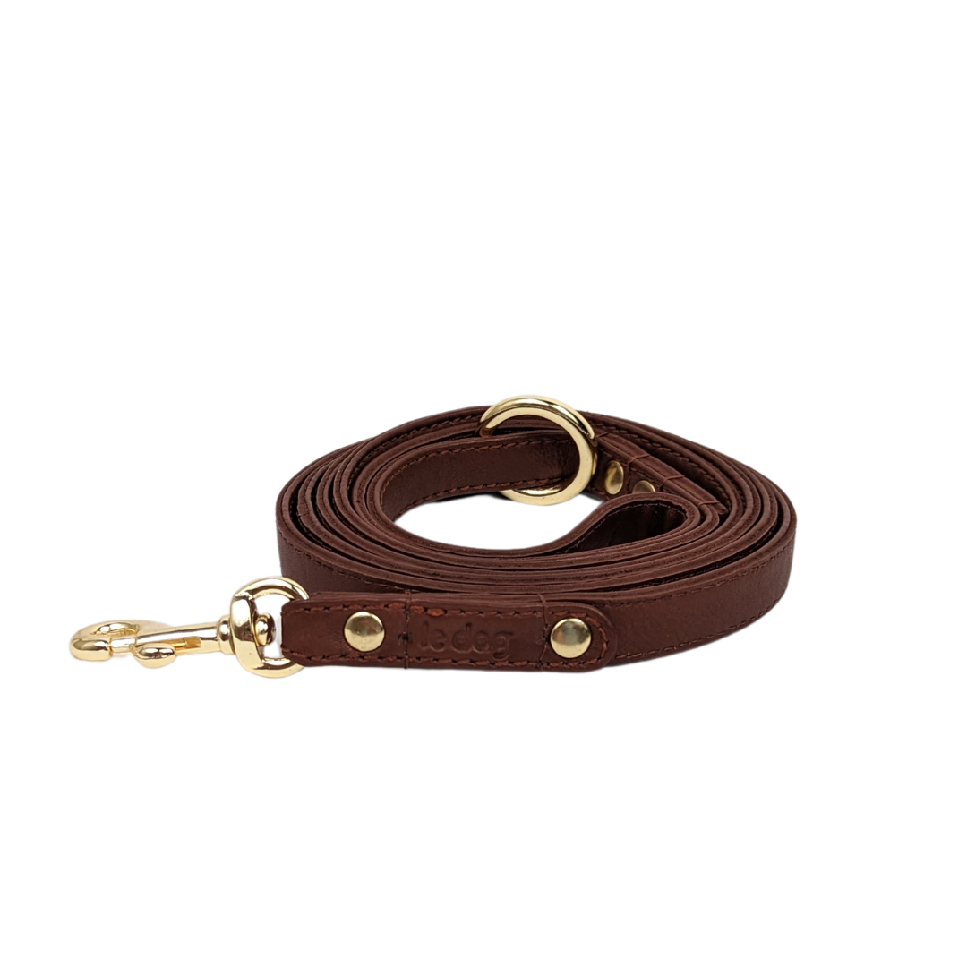 Cognac coloured Skinny Leather Leash by Le Dog Company. The best leash for small to medium sized dogs who are stylish.