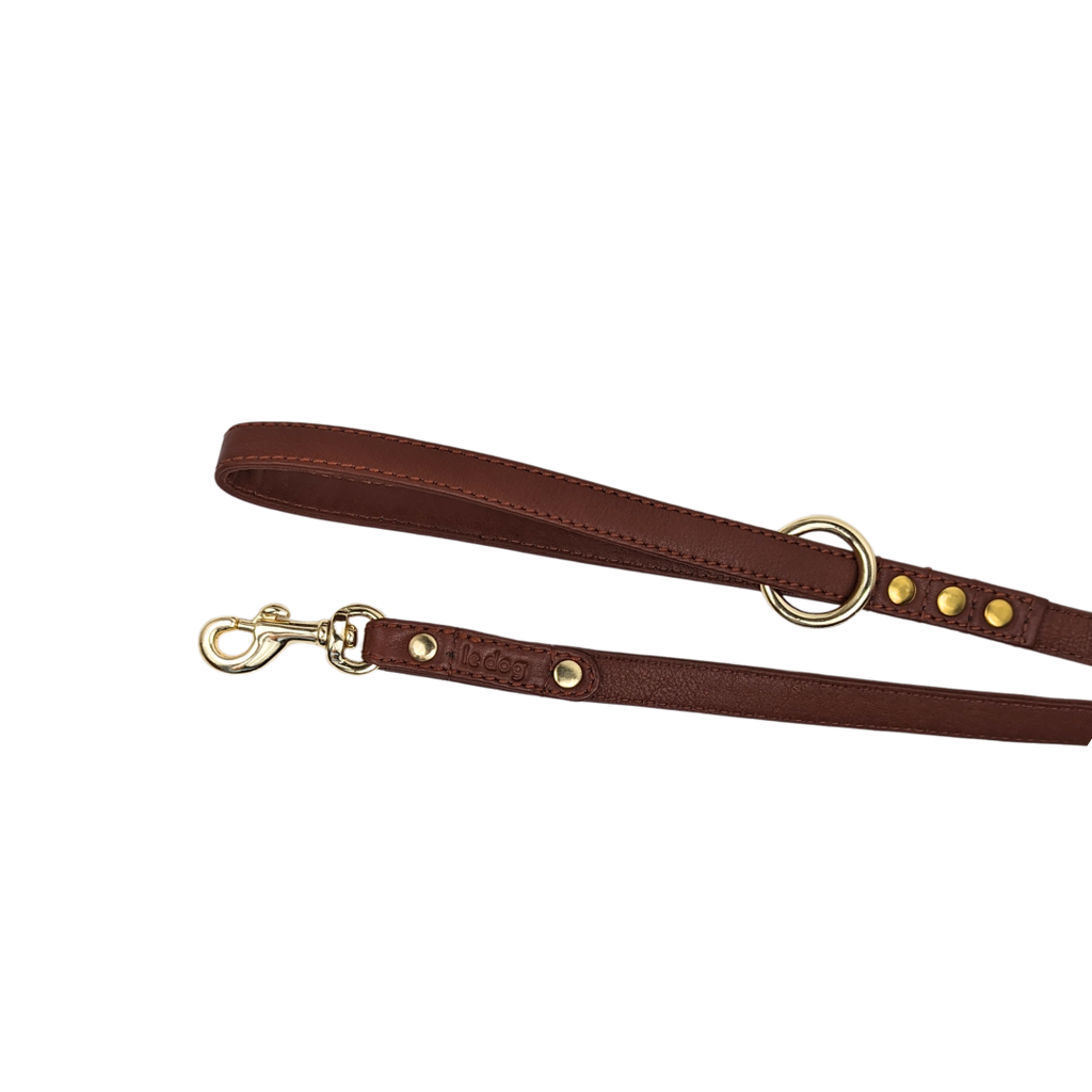 Detail of Cognac Skinny Leather Leash by Le Dog Company. Genuine leather and all brass hardware.