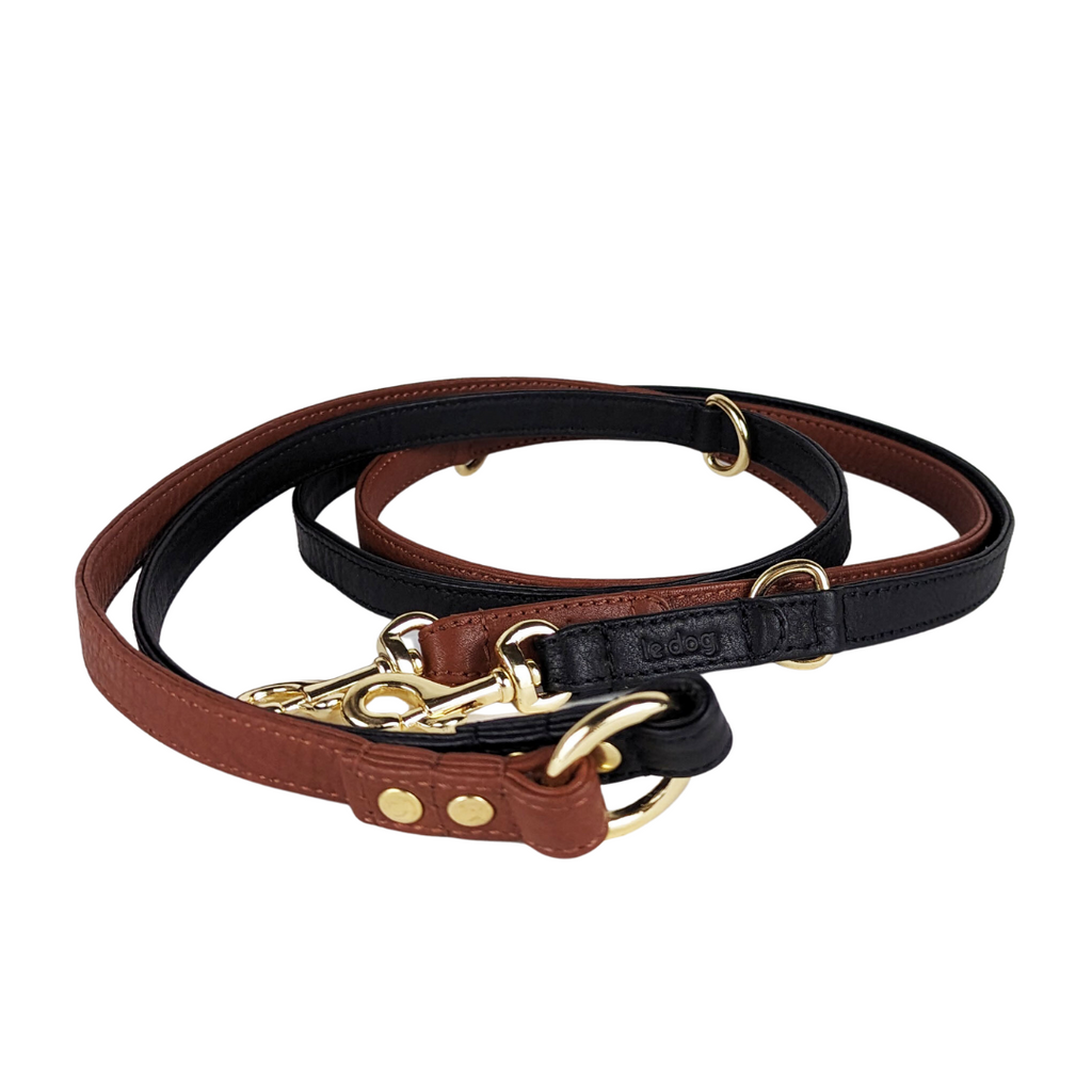 Black and Cognac leather longline hands-free dog walking leash. Completely customizable for the best dog walks.