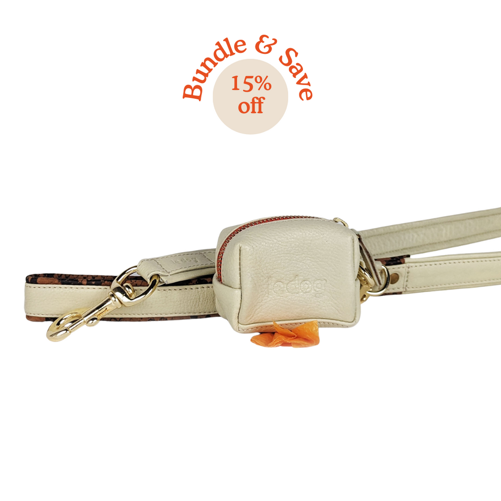Stylish and durable dog leash and poop bag bundle in bone and python leather 