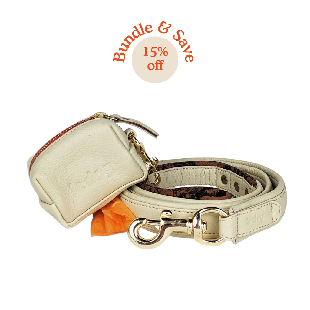the best dog leash and poop bag bundle in bone and python detail leather 