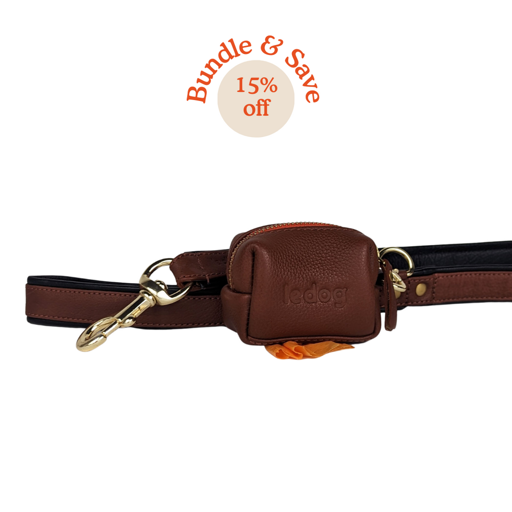 Stylish and durable dog leash and poop bag bundle in cognac and black leather 