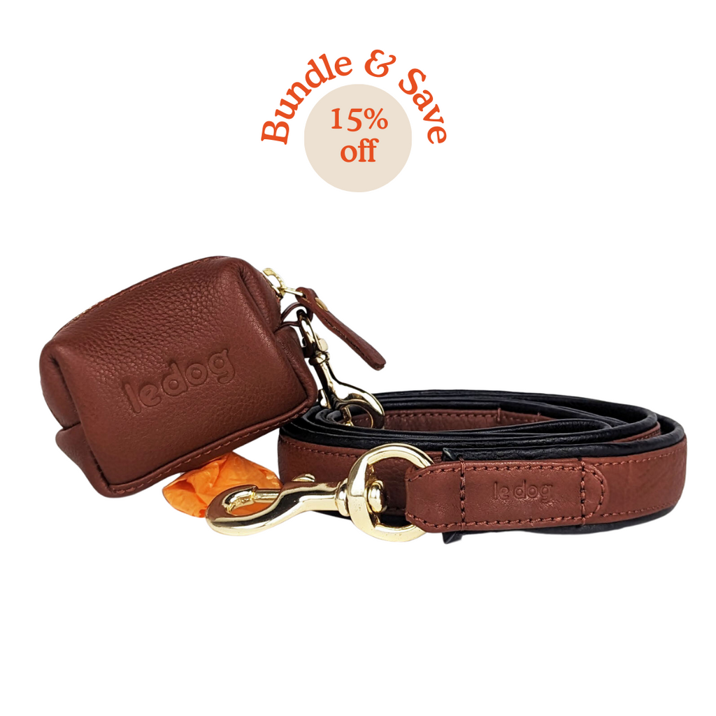 the best dog leash and poop bag bundle in cognac and black leather 