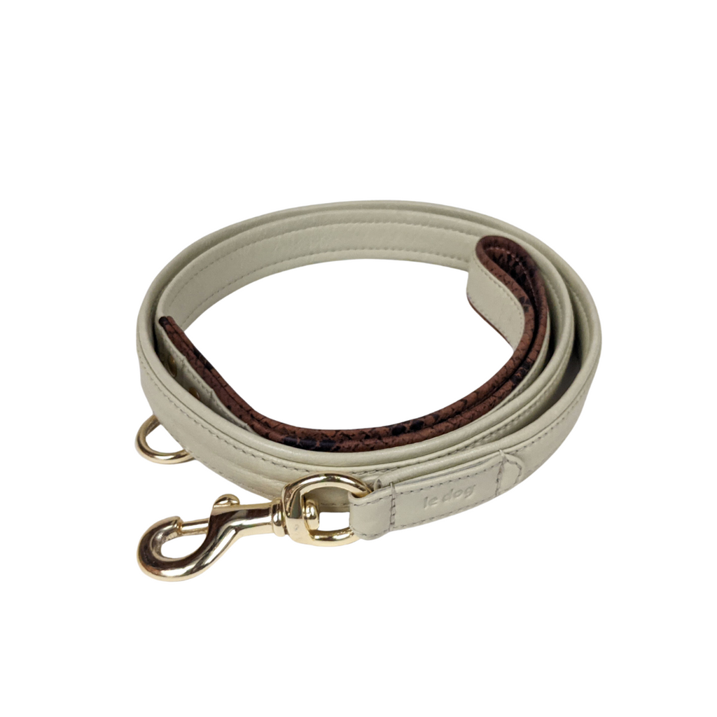 Padded leather leash in bone and python print leather with gold plated brass hardware