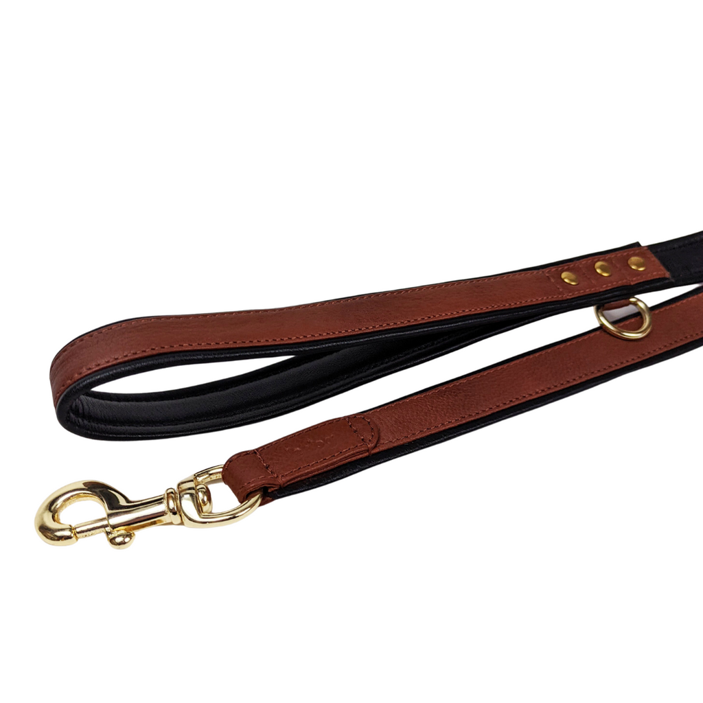Cognac leather leash detail with all brass hardware and poop bag clip