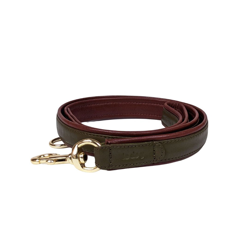 Padded leather leash in green and cognac leather with gold plated brass hardware
