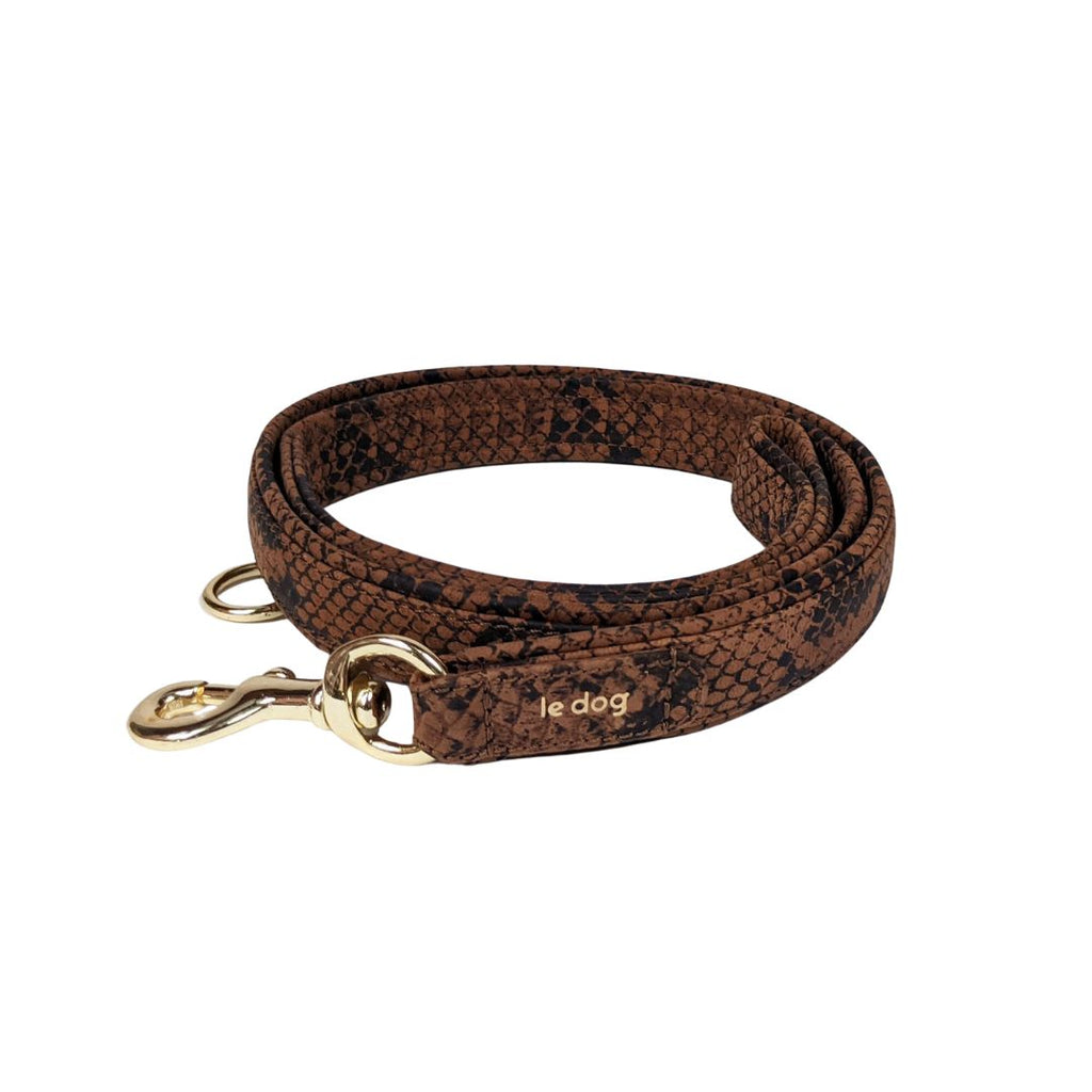 Padded leather leash in python print leather with gold plated brass hardware