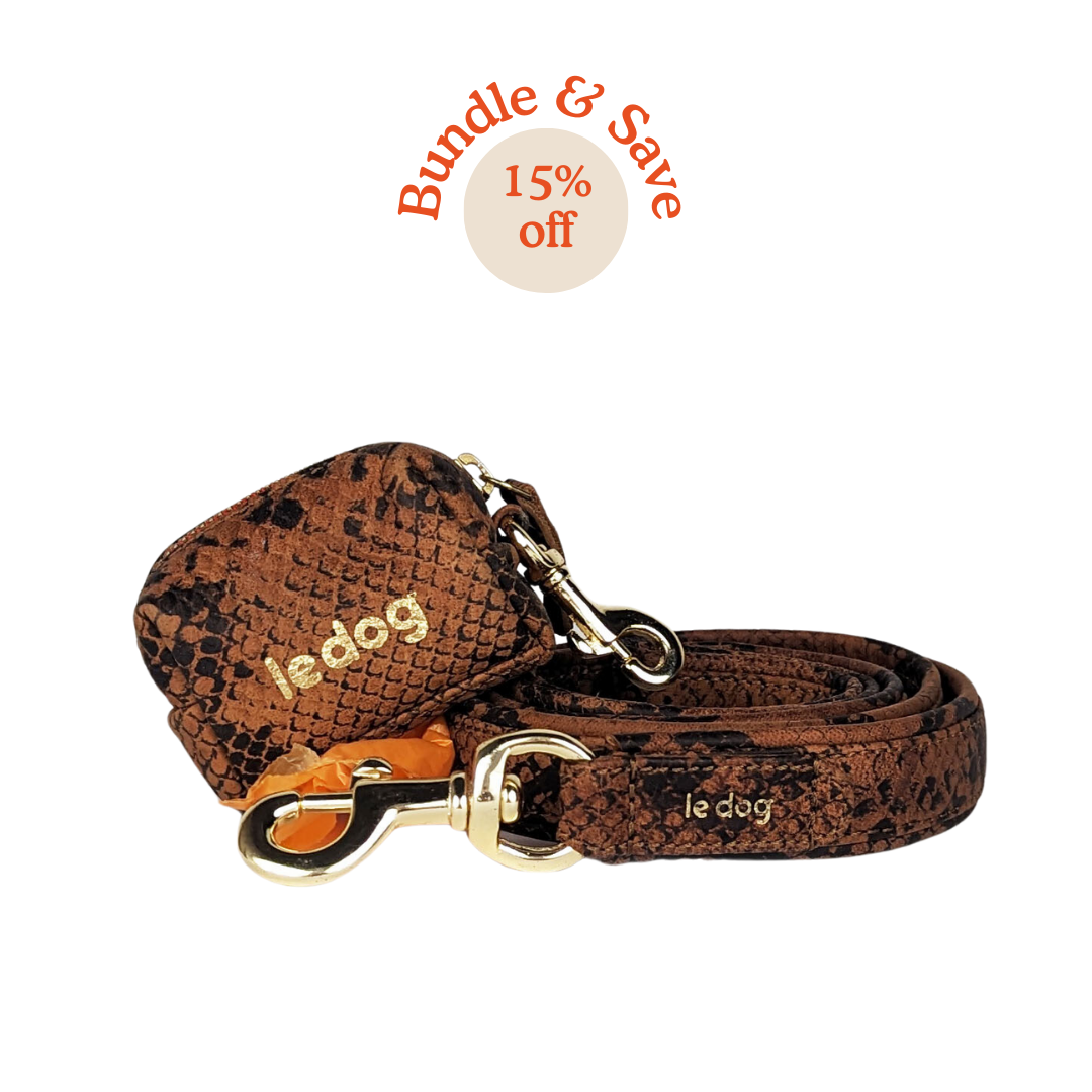 Stylish and durable dog leash and poop bag bundle in Python Print