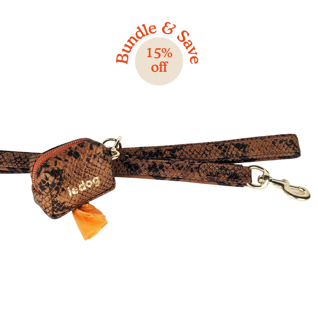 Padded Leather Leash and Poop Bag Bundle in Python Print 