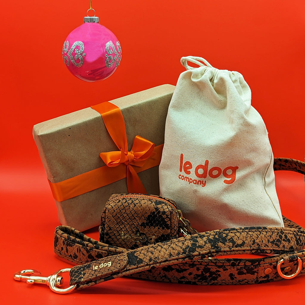 Padded leather leash and poop bag in python gift set
