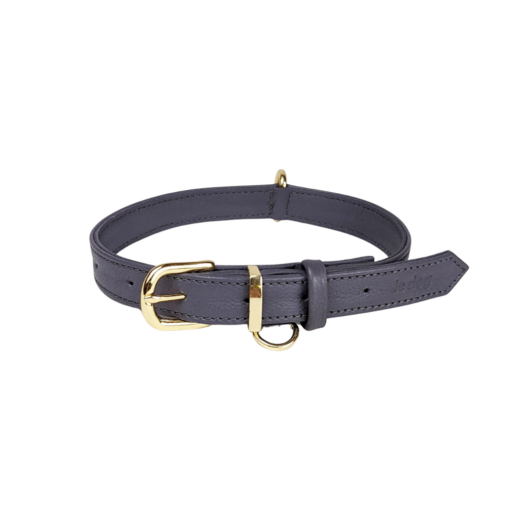 Modern classic leather collar in slate grey with gold plated brass hardware