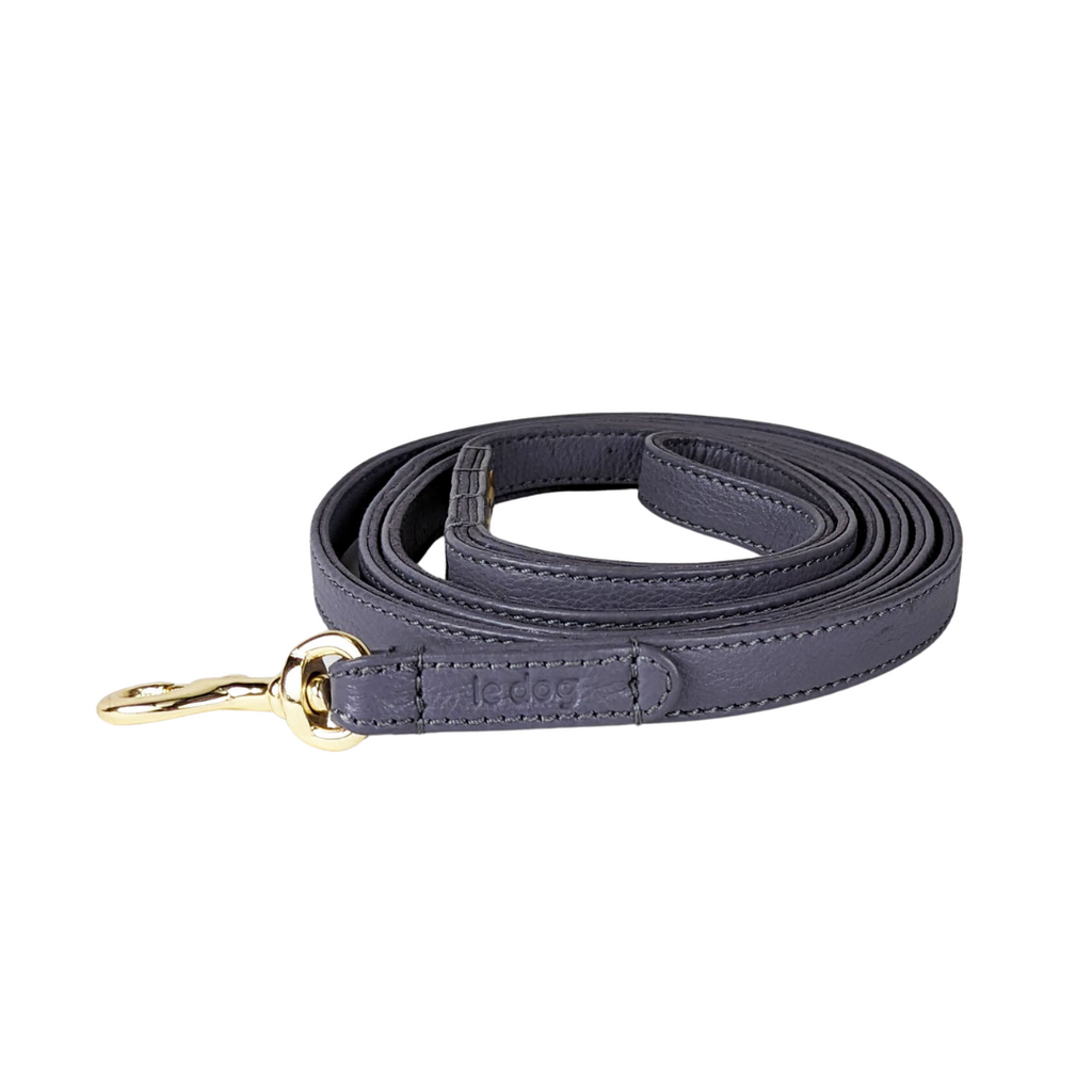 Skinny leather leash perfect for small to medium dogs in slate grey leather
