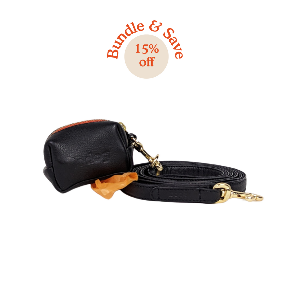 Black Skinny leather leash and poop bag bundle perfect for small to medium dogs. Stylish and long lasting dog gear with all brass hardware from Le Dog Company.