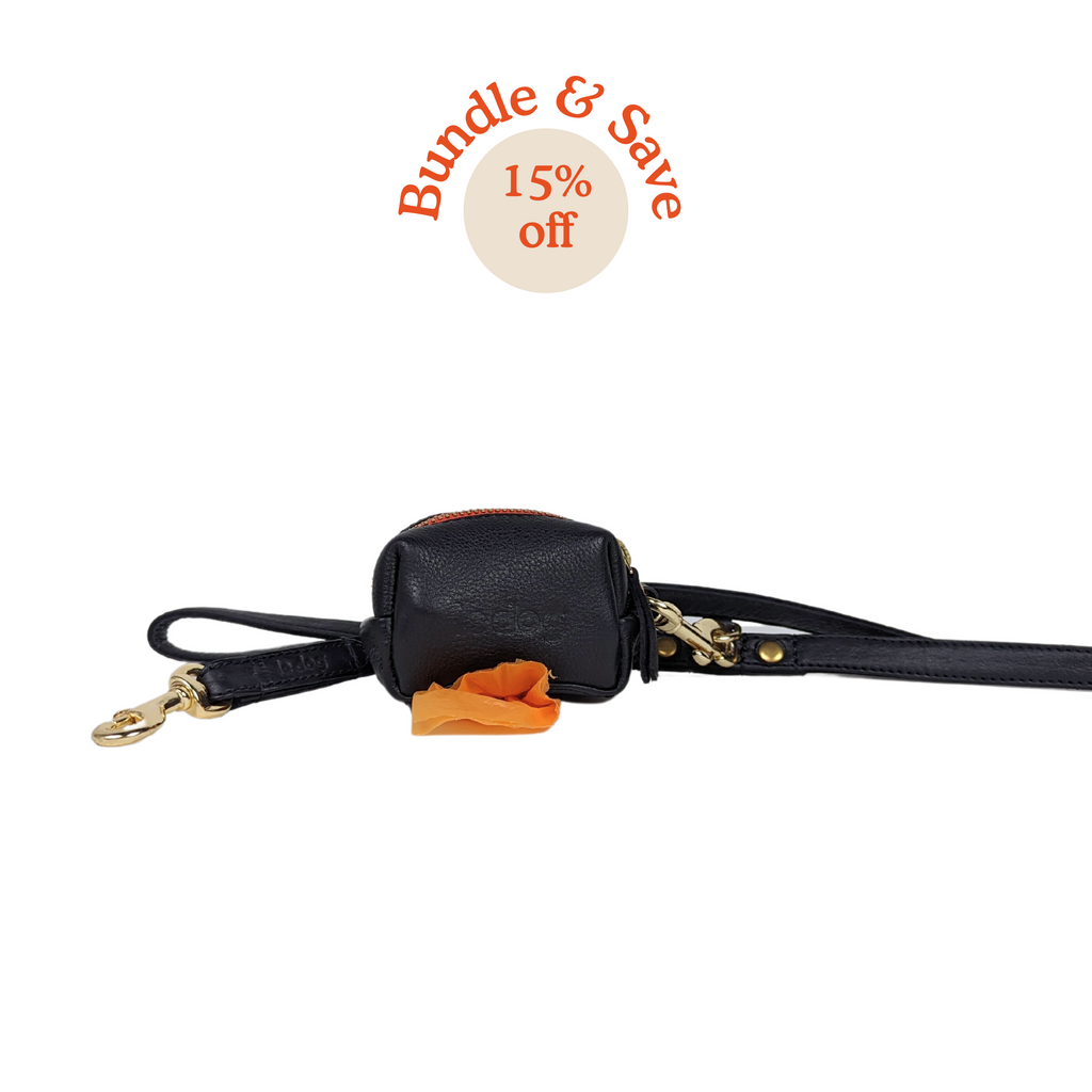 Black leather leash and poop bag bundle perfect for small to medium dogs. Stylish and long lasting dog gear with all brass hardware from Le Dog Company.