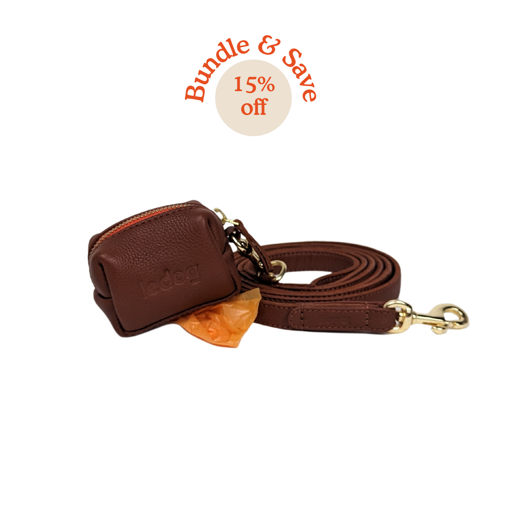 Cognac Skinny leather leash and poop bag bundle perfect for small to medium dogs. Stylish and long lasting dog gear from Le Dog Company.