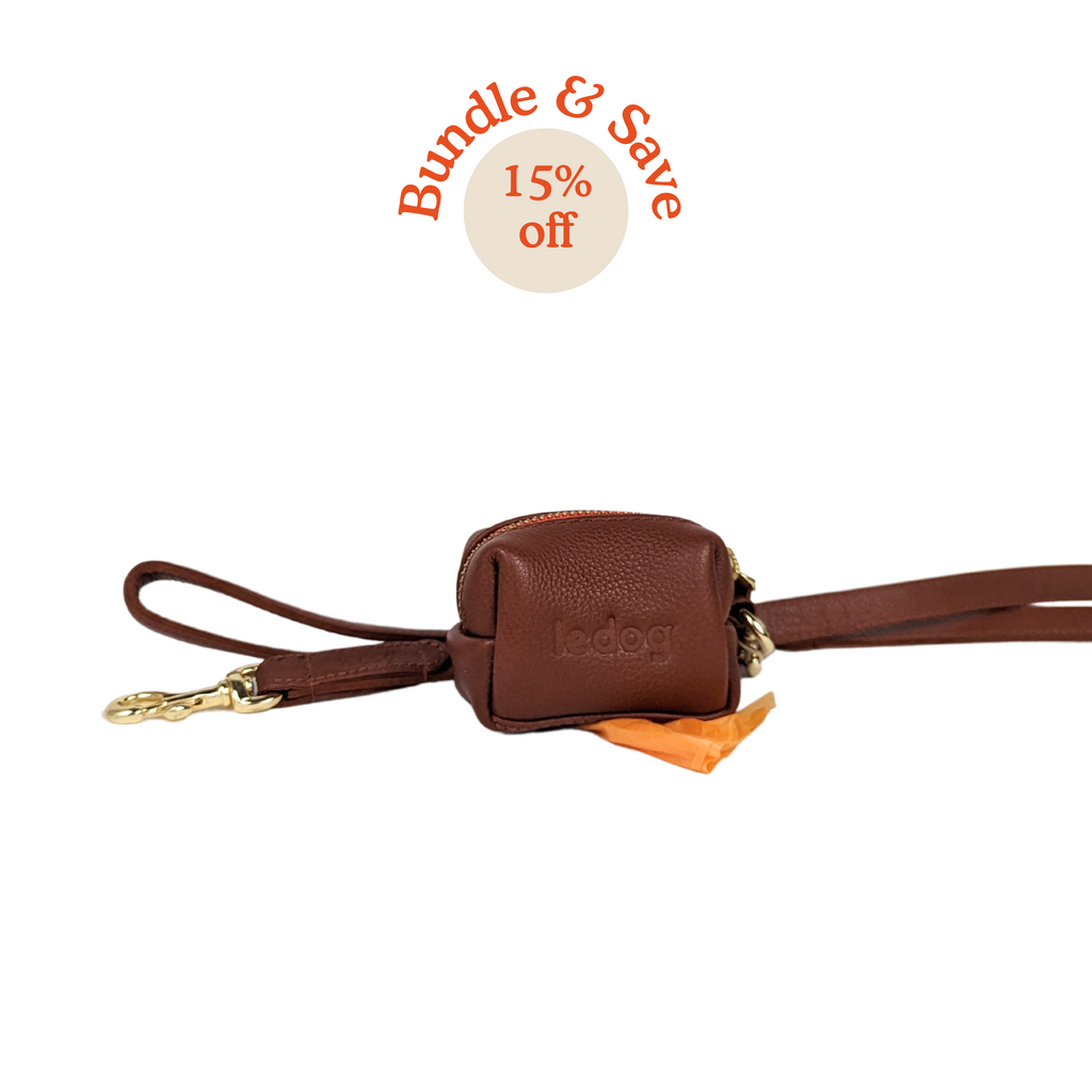 Cognac Skinny leather leash and poop bag bundle perfect for small to medium dogs. Stylish and long lasting dog gear with all brass hardware from Le Dog Company.